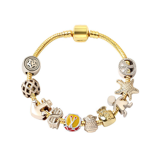 Golden Tropical Marine Life Anchor Money Bag Dollar Bead Bracelet(18cm) V1132-NSSL25-18