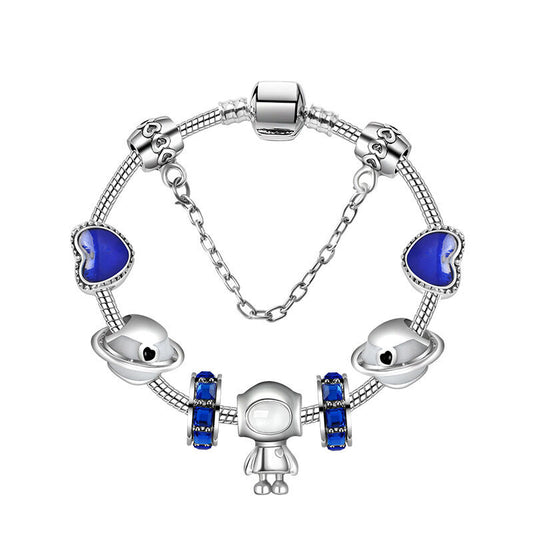 Sci-Fi Universe Spaceship Robot Blue Heart Beaded Bracelet with Rhinestones(18cm) V1132-NSSL26-18