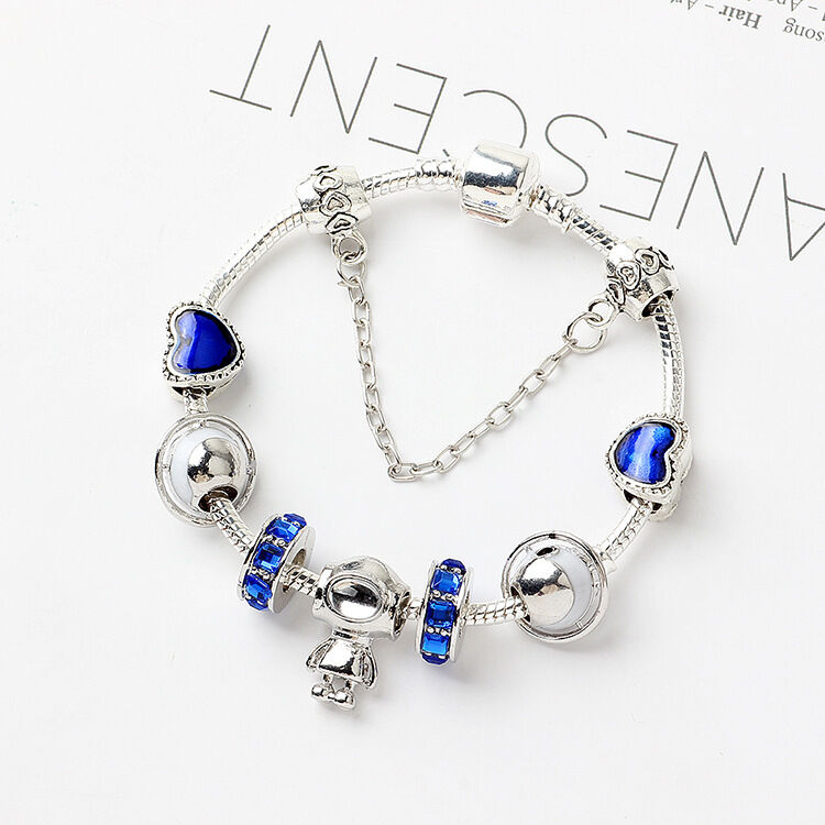 Sci-Fi Universe Spaceship Robot Blue Heart Beaded Bracelet with Rhinestones(18cm) V1132-NSSL26-18