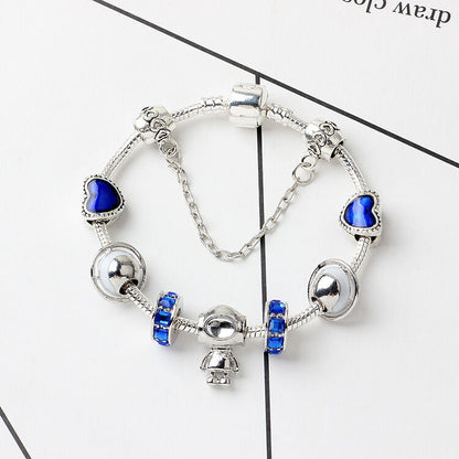 Sci-Fi Universe Spaceship Robot Blue Heart Beaded Bracelet with Rhinestones(18cm) V1132-NSSL26-18