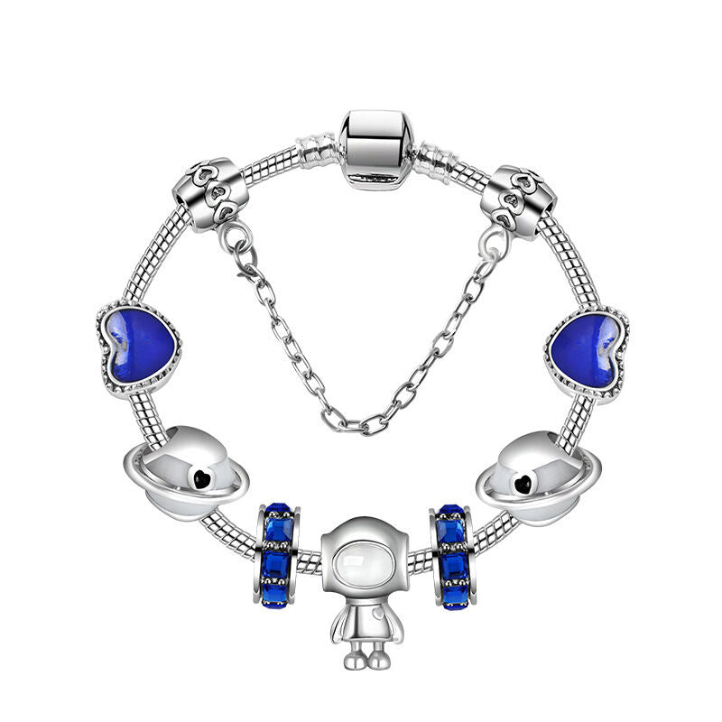 Sci-Fi Universe Spaceship Robot Blue Heart Beaded Bracelet with Rhinestones(19cm) V1132-NSSL26-19