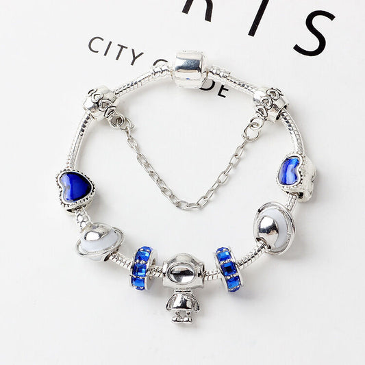 Sci-Fi Universe Spaceship Robot Blue Heart Beaded Bracelet with Rhinestones(19cm) V1132-NSSL26-19