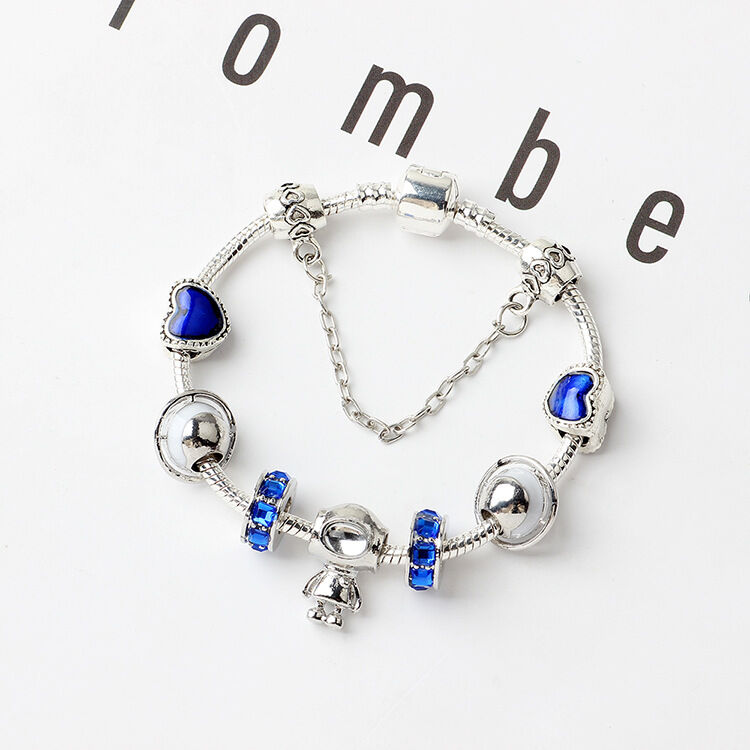 Sci-Fi Universe Spaceship Robot Blue Heart Beaded Bracelet with Rhinestones(19cm) V1132-NSSL26-19