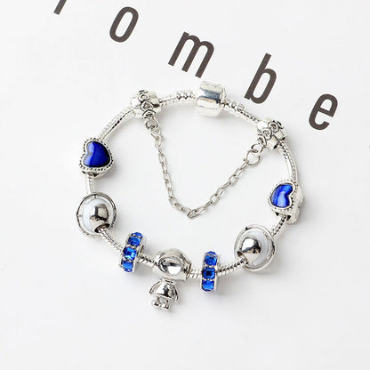 Sci-Fi Universe Spaceship Robot Blue Heart Beaded Bracelet with Rhinestones(19cm) V1132-NSSL26-19