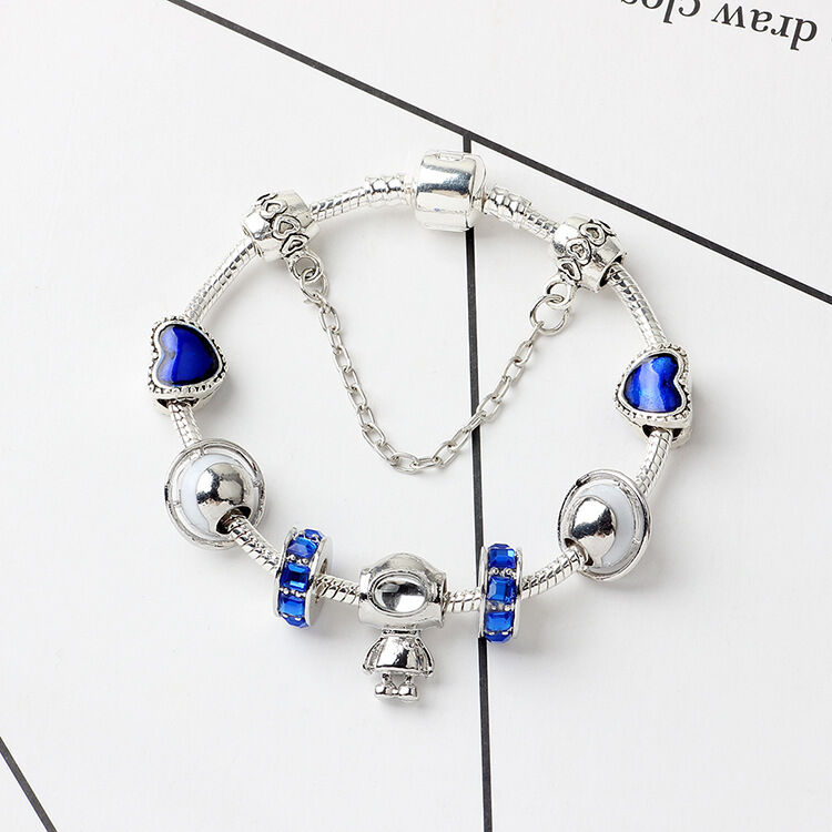 Sci-Fi Universe Spaceship Robot Blue Heart Beaded Bracelet with Rhinestones(19cm) V1132-NSSL26-19