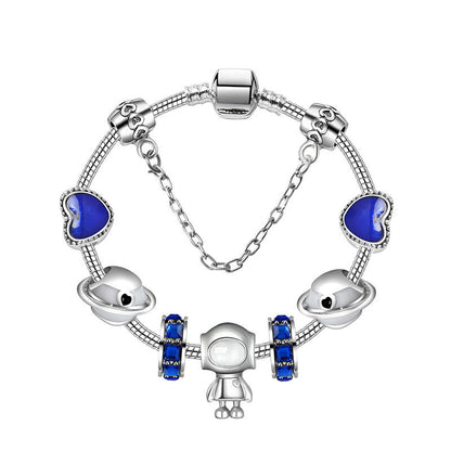 Sci-Fi Universe Spaceship Robot Blue Heart Beaded Bracelet with Rhinestones(20cm) V1132-NSSL26-20