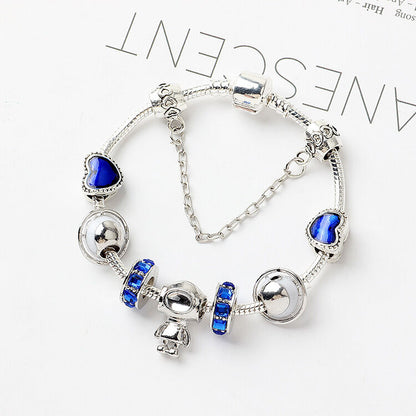 Sci-Fi Universe Spaceship Robot Blue Heart Beaded Bracelet with Rhinestones(20cm) V1132-NSSL26-20