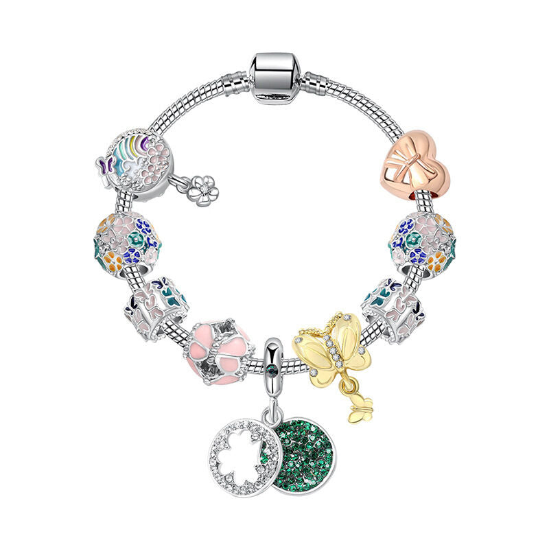 Rhinestone Inlaid Pastoral Style Butterfly Wreath Clover Pendant Bracelet(18cm) V1132-NSSL28-18