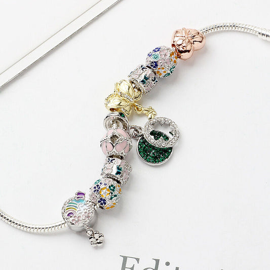 Rhinestone Inlaid Pastoral Style Butterfly Wreath Clover Pendant Bracelet(18cm) V1132-NSSL28-18