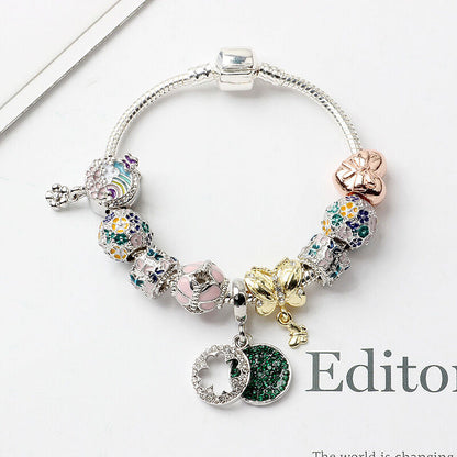 Rhinestone Inlaid Pastoral Style Butterfly Wreath Clover Pendant Bracelet(18cm) V1132-NSSL28-18