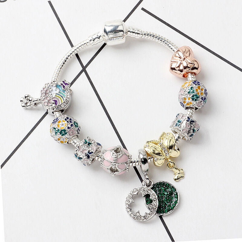 Rhinestone Inlaid Pastoral Style Butterfly Wreath Clover Pendant Bracelet(18cm) V1132-NSSL28-18