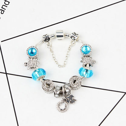 Charm Bracelet with Tortoise, Heart, Clover Pendant(Blue,18cm) V1132-NSSL3-BLUE-18