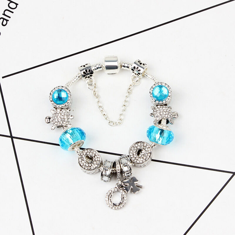 Charm Bracelet with Tortoise, Heart, Clover Pendant(Blue,19cm) V1132-NSSL3-BLUE-19