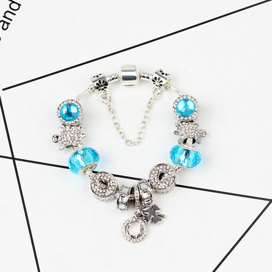 Charm Bracelet with Tortoise, Heart, Clover Pendant(Blue,19cm) V1132-NSSL3-BLUE-19