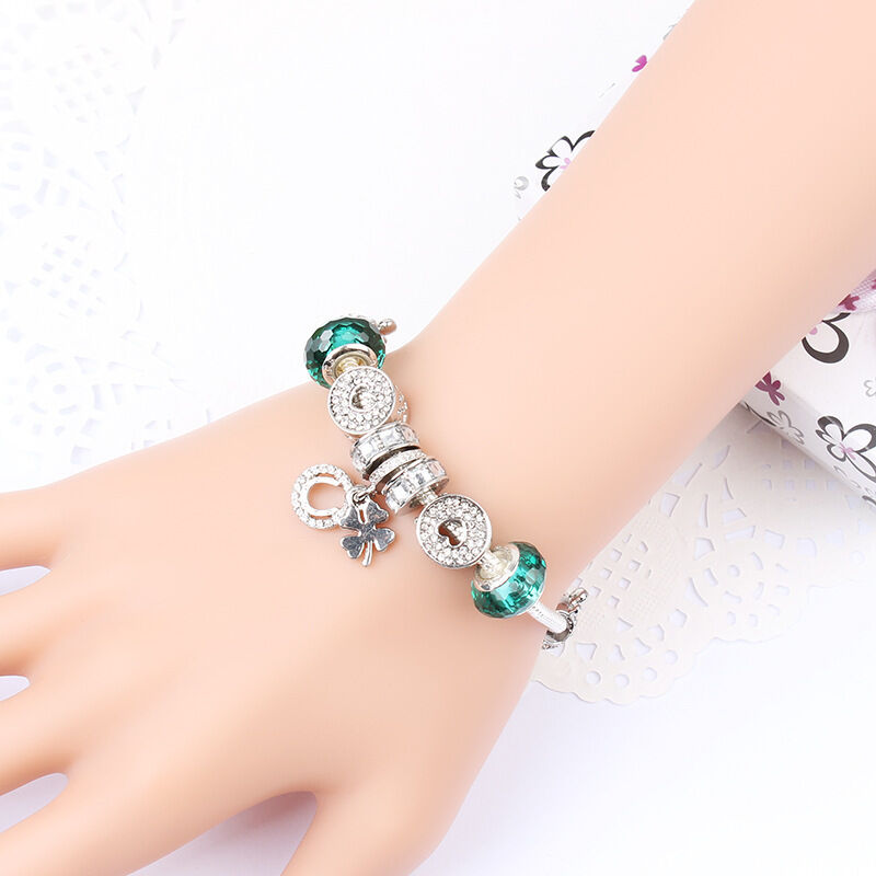 Charm Bracelet with Tortoise, Heart, Clover Pendant(Green,18cm) V1132-NSSL3-GREEN-18