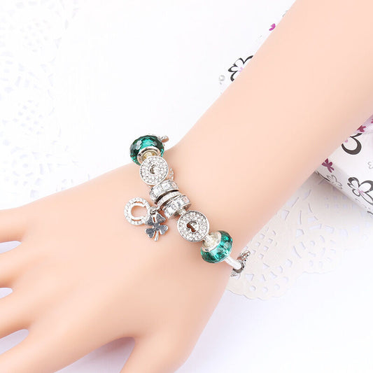 Charm Bracelet with Tortoise, Heart, Clover Pendant(Green,18cm) V1132-NSSL3-GREEN-18