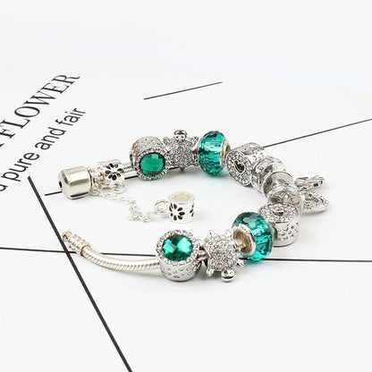 Charm Bracelet with Tortoise, Heart, Clover Pendant(Green,18cm) V1132-NSSL3-GREEN-18