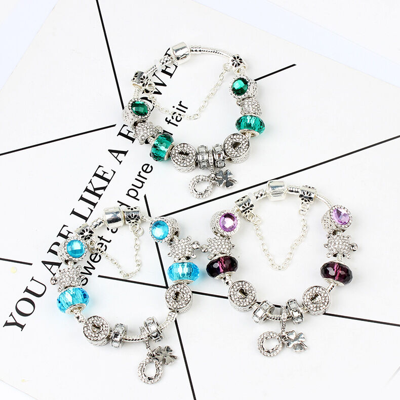 Charm Bracelet with Tortoise, Heart, Clover Pendant(Green,18cm) V1132-NSSL3-GREEN-18