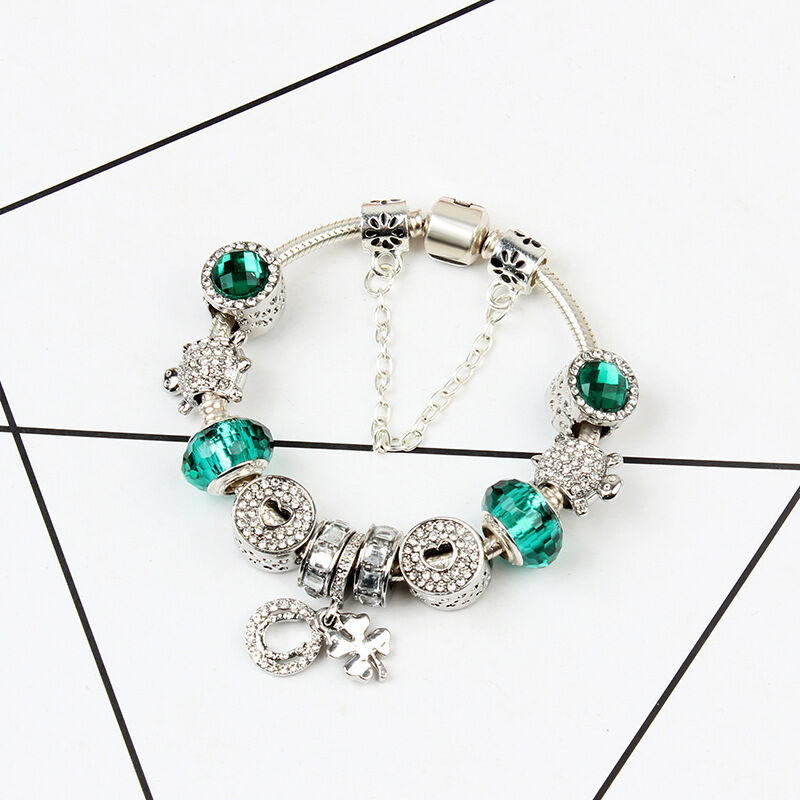 Charm Bracelet with Tortoise, Heart, Clover Pendant(Green,20cm) V1132-NSSL3-GREEN-20