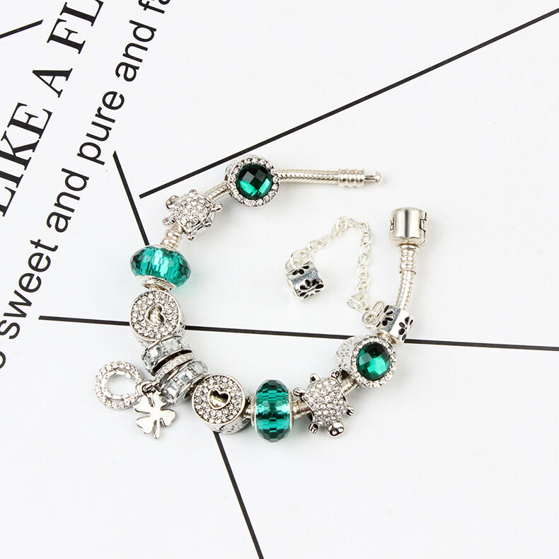 Charm Bracelet with Tortoise, Heart, Clover Pendant(Green,20cm) V1132-NSSL3-GREEN-20
