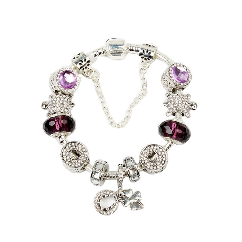 Charm Bracelet with Tortoise, Heart, Clover Pendant(Purple,18cm) V1132-NSSL3-PURPLE-18