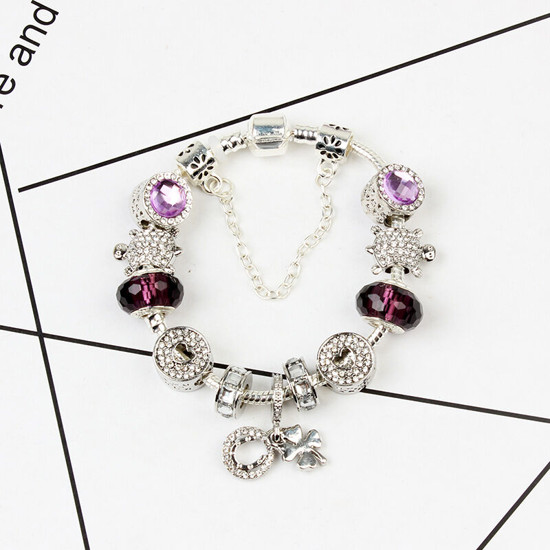 Charm Bracelet with Tortoise, Heart, Clover Pendant(Purple,20cm) V1132-NSSL3-PURPLE-20