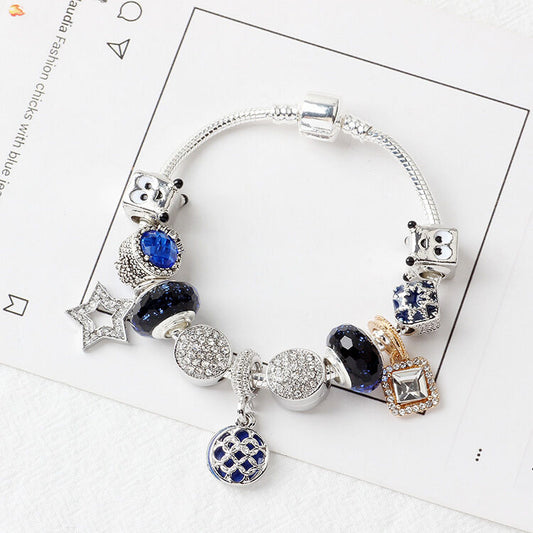 Sparkling Charm Bracelet with Smiley, Crystal, Rhinestone Beads & Hollow Star Zircon Pendants(18cm) V1132-NSSL31-18