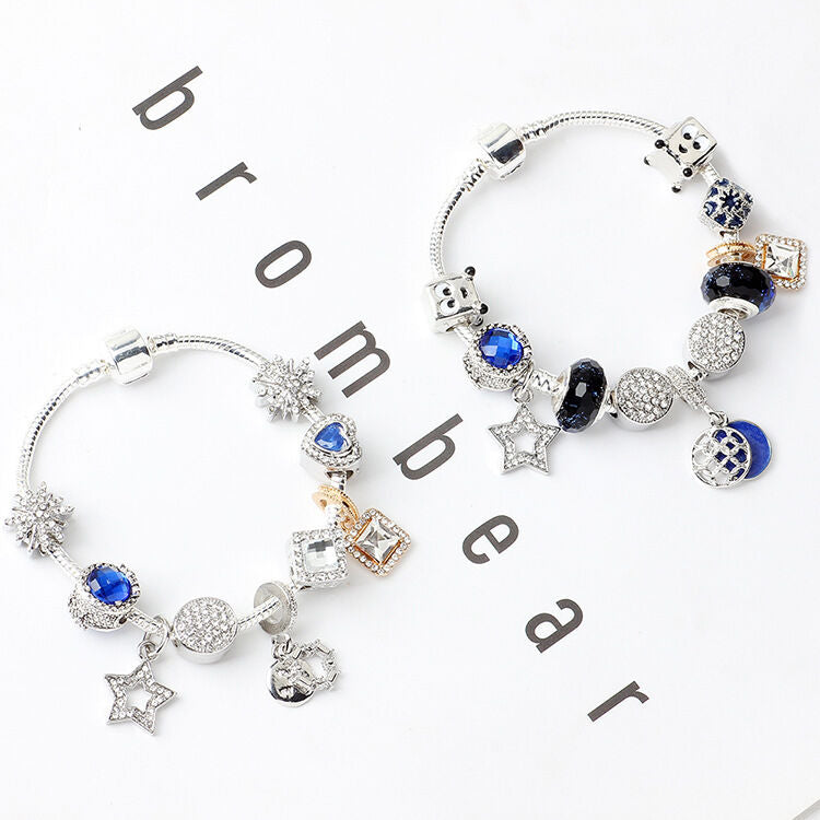 Sparkling Charm Bracelet with Smiley, Crystal, Rhinestone Beads & Hollow Star Zircon Pendants(19cm) V1132-NSSL31-19
