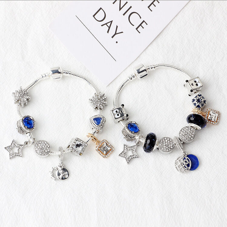 Sparkling Charm Bracelet with Smiley, Crystal, Rhinestone Beads & Hollow Star Zircon Pendants(19cm) V1132-NSSL31-19