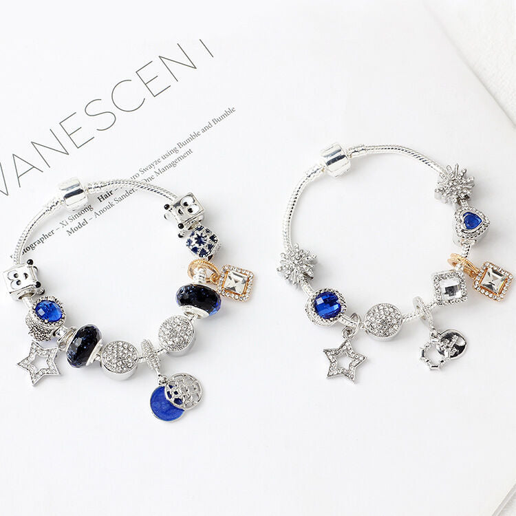 Sparkling Charm Bracelet with Smiley, Crystal, Rhinestone Beads & Hollow Star Zircon Pendants(19cm) V1132-NSSL31-19