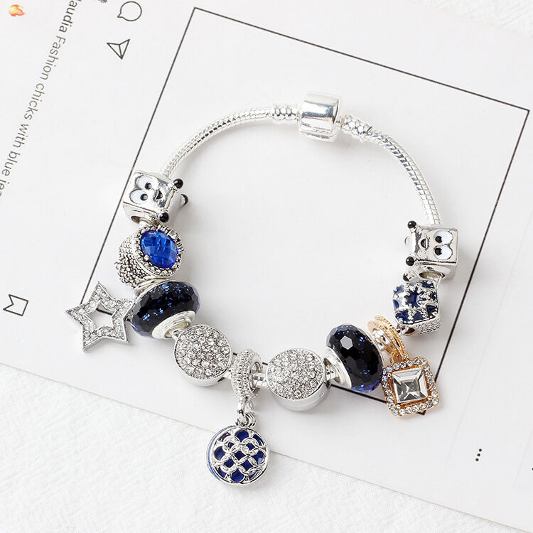 Sparkling Charm Bracelet with Smiley, Crystal, Rhinestone Beads & Hollow Star Zircon Pendants(19cm) V1132-NSSL31-19