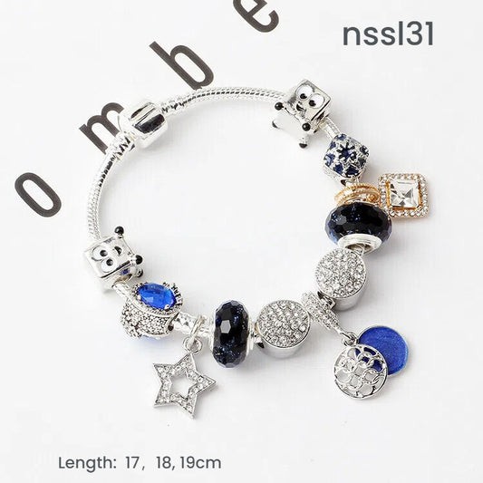 Sparkling Charm Bracelet with Smiley, Crystal, Rhinestone Beads & Hollow Star Zircon Pendants(17cm) V1132-NSSL31-20