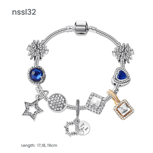 Fashion Charm Bracelet with Snowflake, Crystal, Rhinestone Beads & Hollow Star Zircon Pendant(18cm) V1132-NSSL32-18