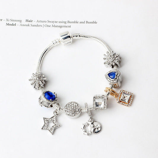 Fashion Charm Bracelet with Snowflake, Crystal, Rhinestone Beads & Hollow Star Zircon Pendant(18cm) V1132-NSSL32-18