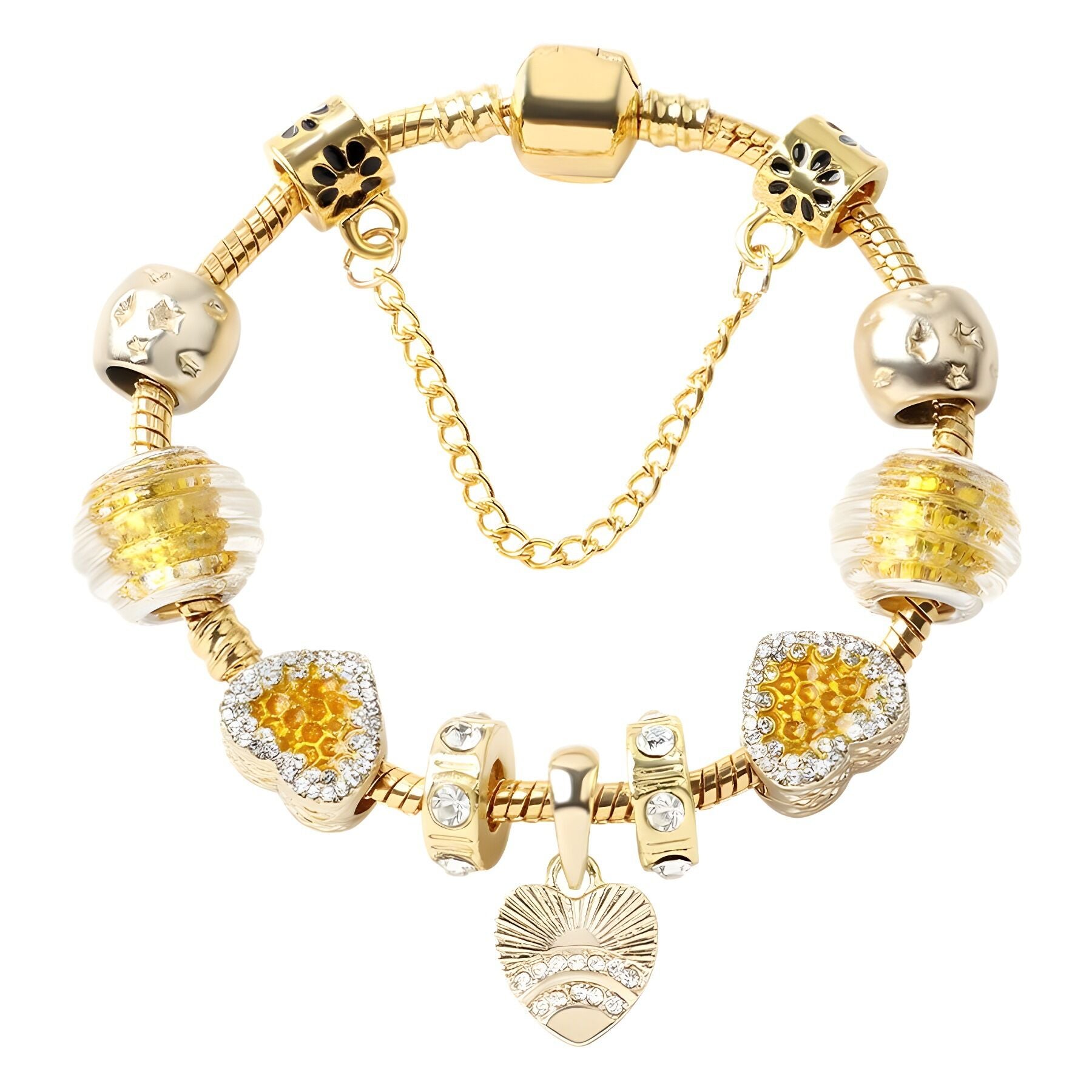 Golden Rhinestone Heart Charm Beaded Snake Chain Bracelet(18cm) V1132-NSSL33-18