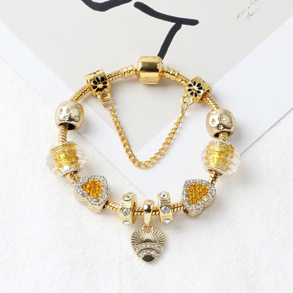 Golden Rhinestone Heart Charm Beaded Snake Chain Bracelet(18cm) V1132-NSSL33-18