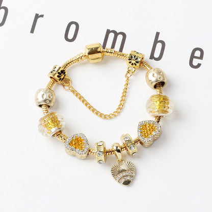 Golden Rhinestone Heart Charm Beaded Snake Chain Bracelet(19cm) V1132-NSSL33-19