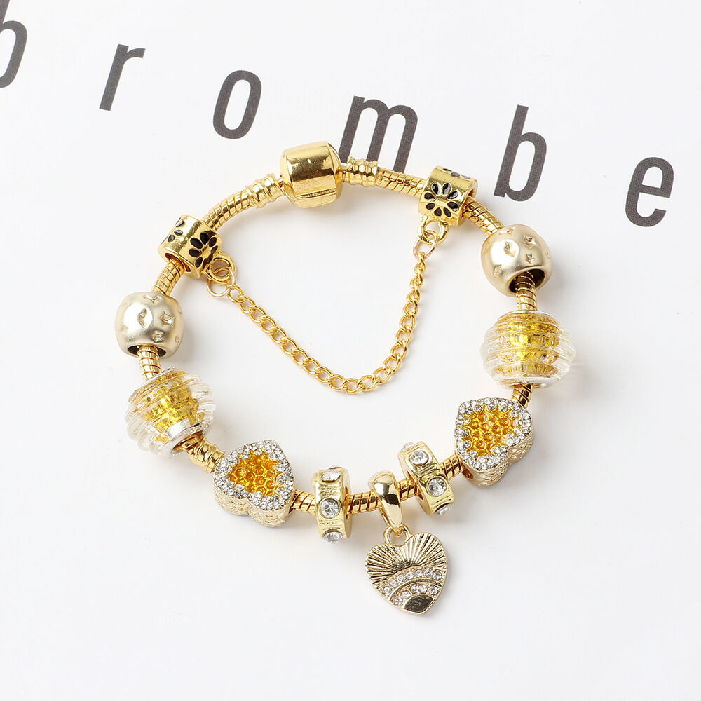 Golden Rhinestone Heart Charm Beaded Snake Chain Bracelet(20cm) V1132-NSSL33-20
