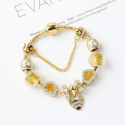 Golden Rhinestone Heart Charm Beaded Snake Chain Bracelet(20cm) V1132-NSSL33-20