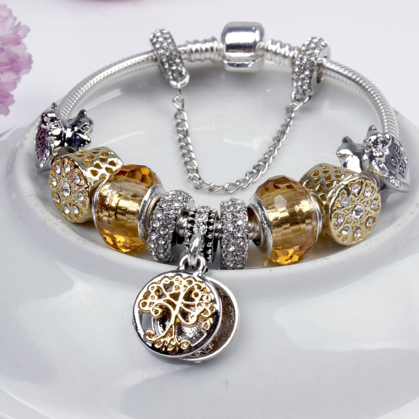 Crystal Bead & Tree of Life Pendant Bracelet with Rhinestones(18cm) V1132-NSSL34-18