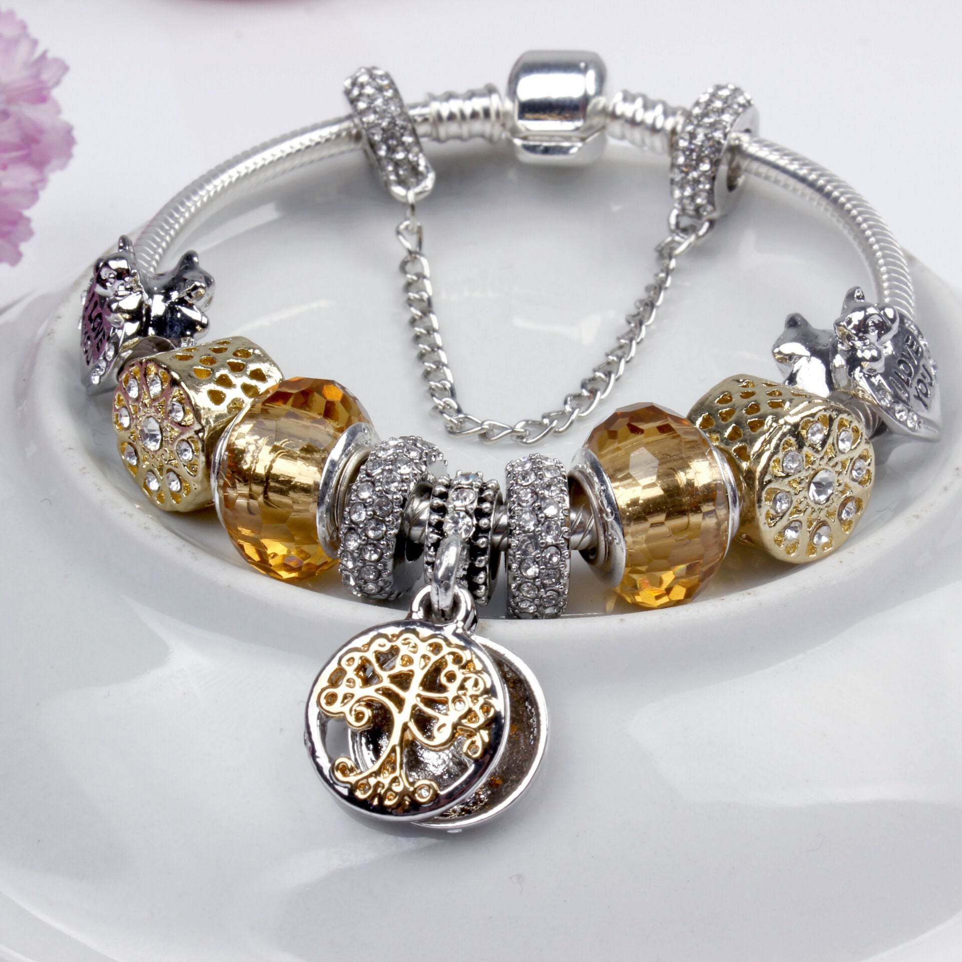 Crystal Bead & Tree of Life Pendant Bracelet with Rhinestones(18cm) V1132-NSSL34-18