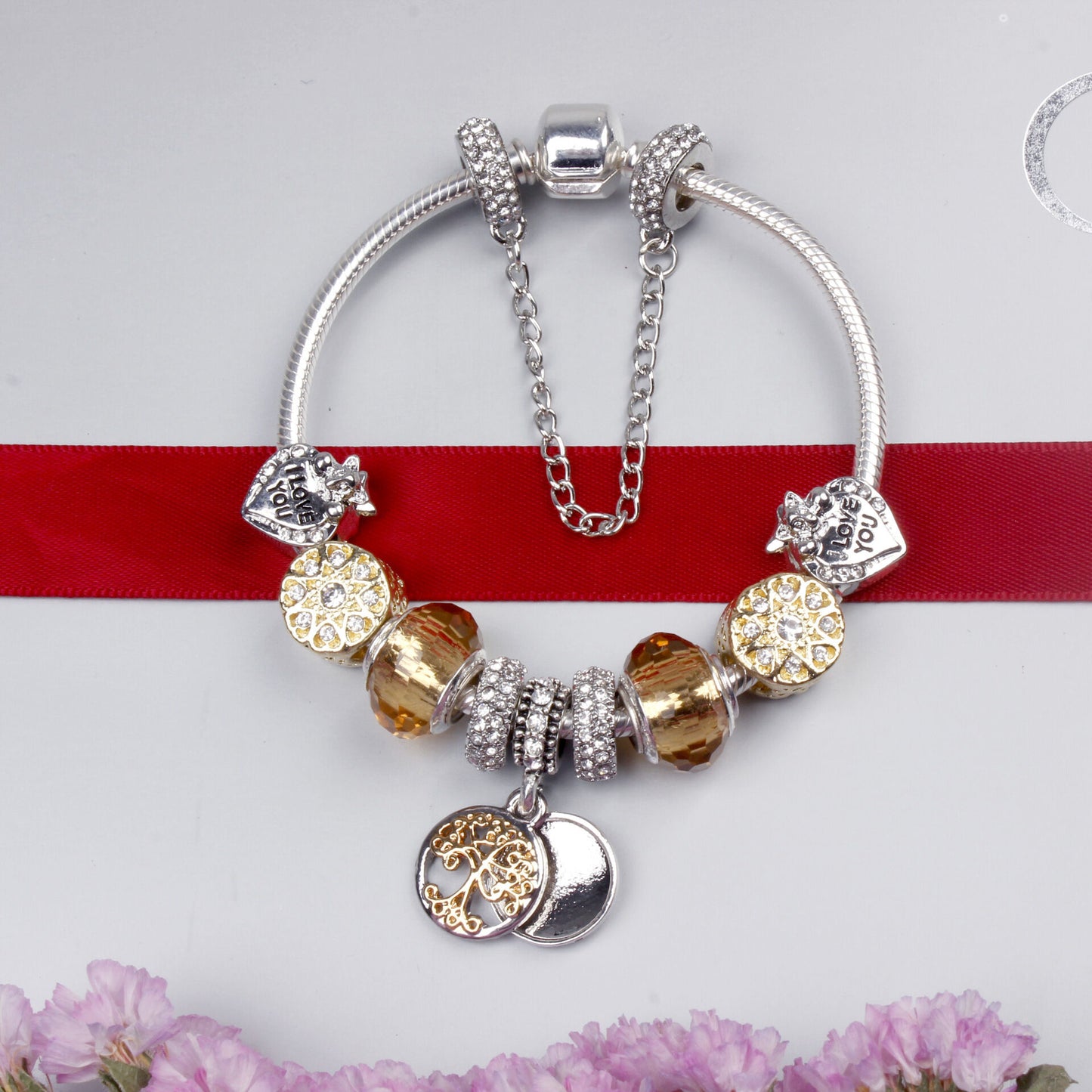 Crystal Bead & Tree of Life Pendant Bracelet with Rhinestones(19cm) V1132-NSSL34-19