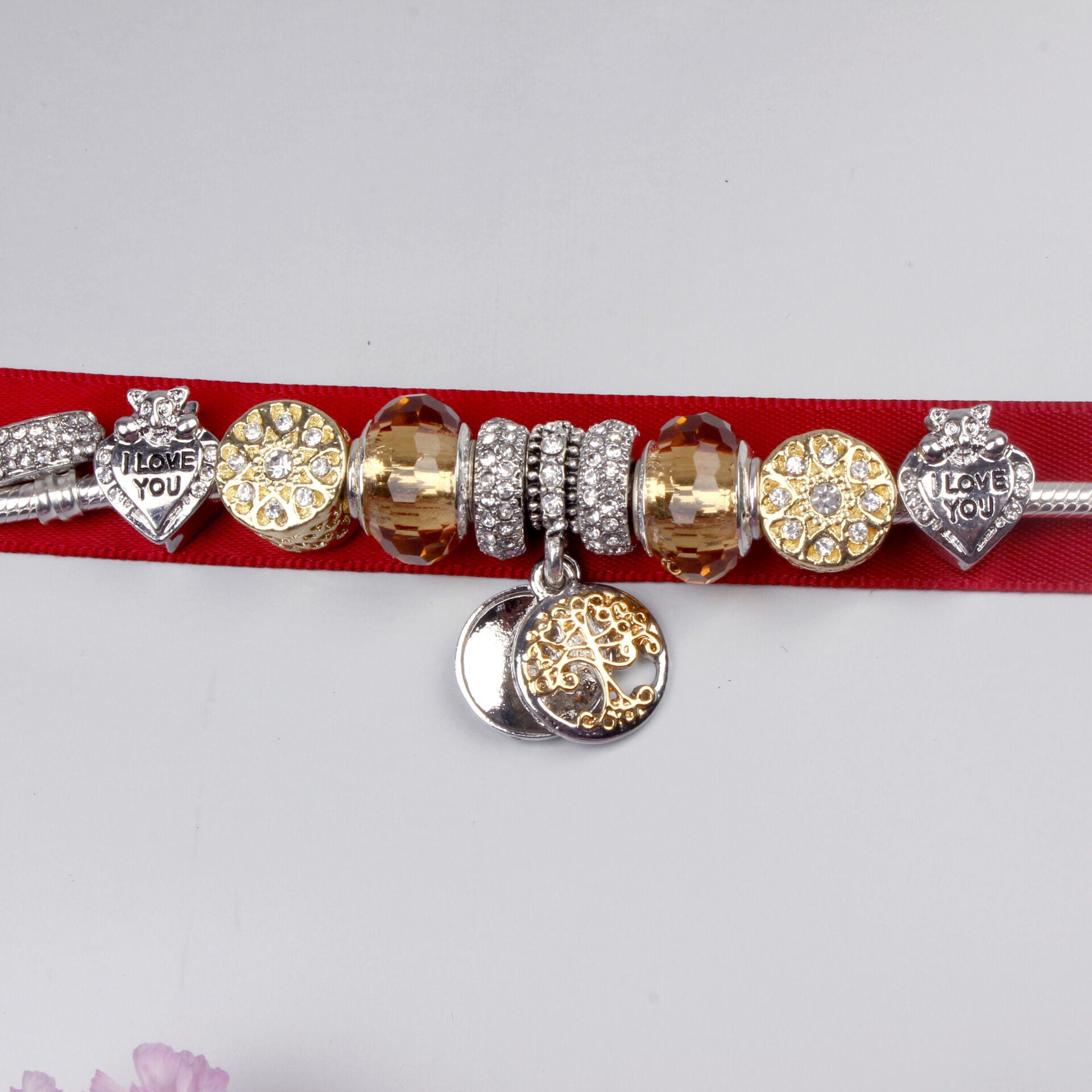 Crystal Bead & Tree of Life Pendant Bracelet with Rhinestones(20cm) V1132-NSSL34-20