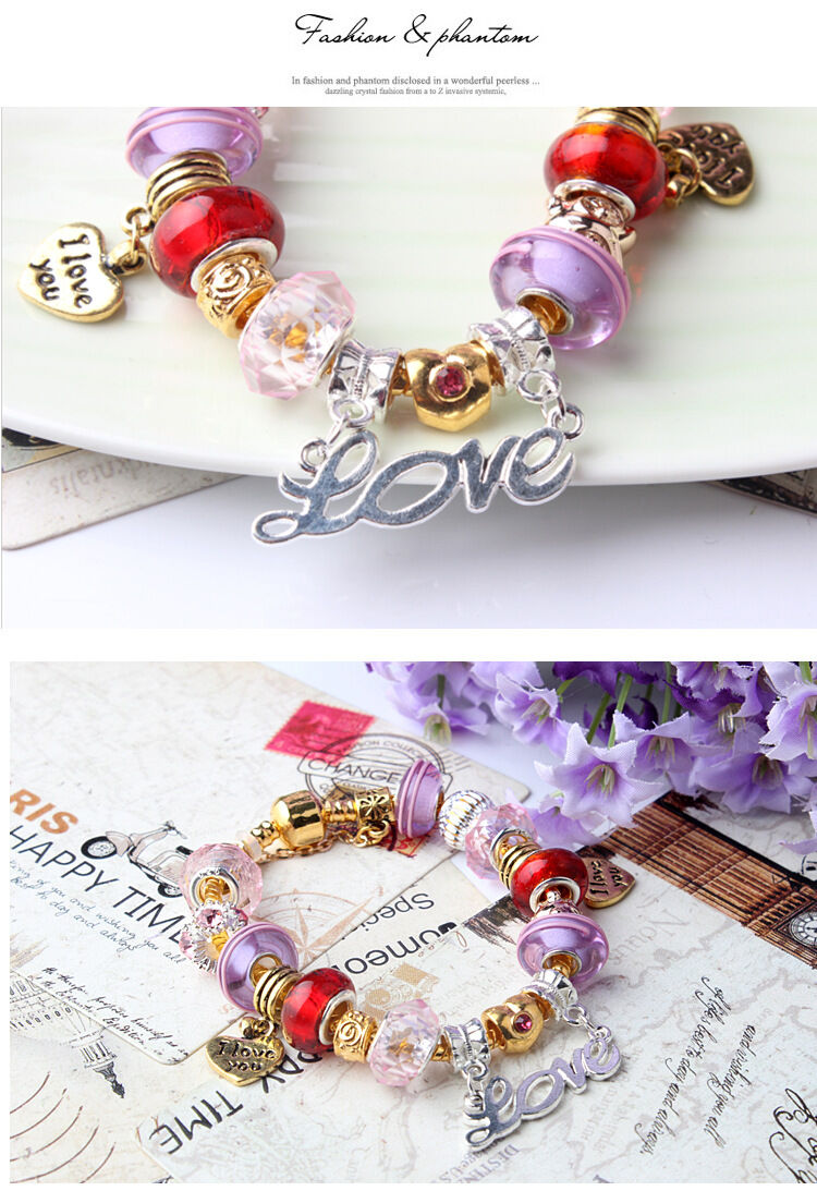 Love-Themed Beaded Bracelet with Crystal & Letter Pendant(18cm) V1132-NSSL38-18