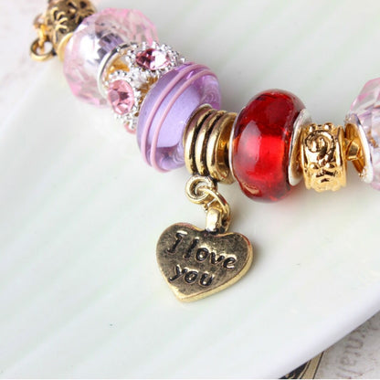 Love-Themed Beaded Bracelet with Crystal & Letter Pendant(19cm) V1132-NSSL38-19