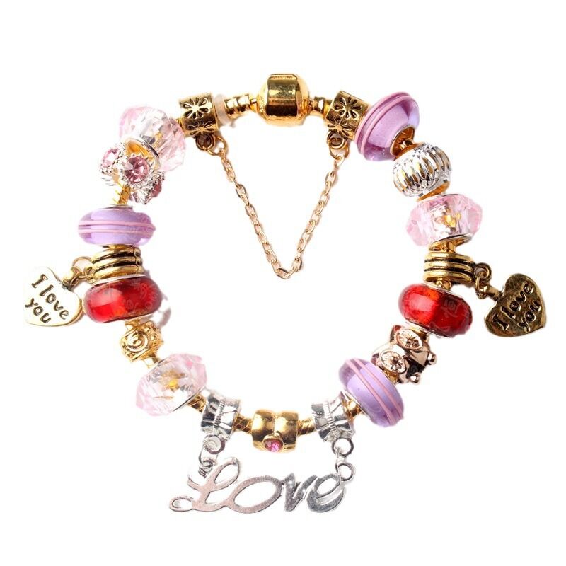 Love-Themed Beaded Bracelet with Crystal & Letter Pendant(20cm) V1132-NSSL38-20