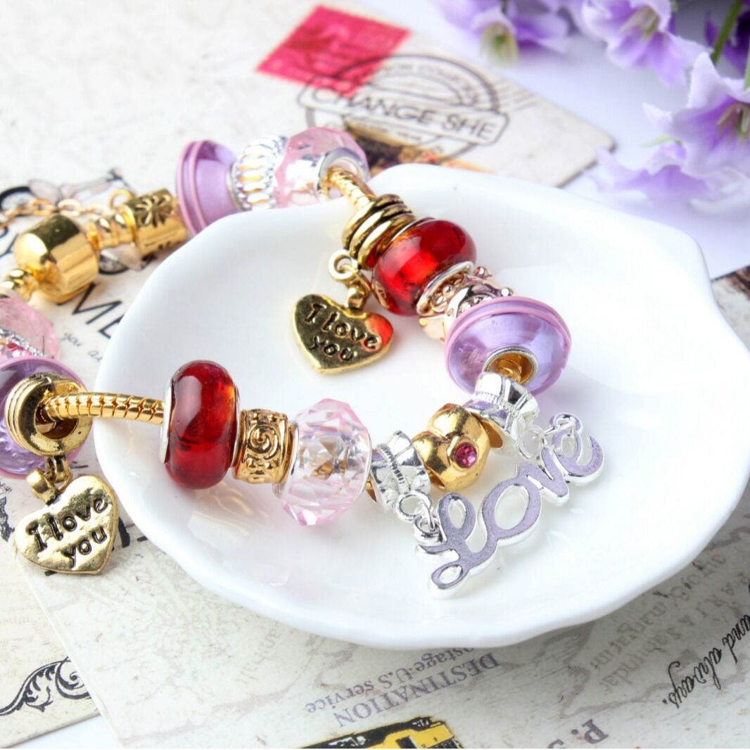 Love-Themed Beaded Bracelet with Crystal & Letter Pendant(20cm) V1132-NSSL38-20
