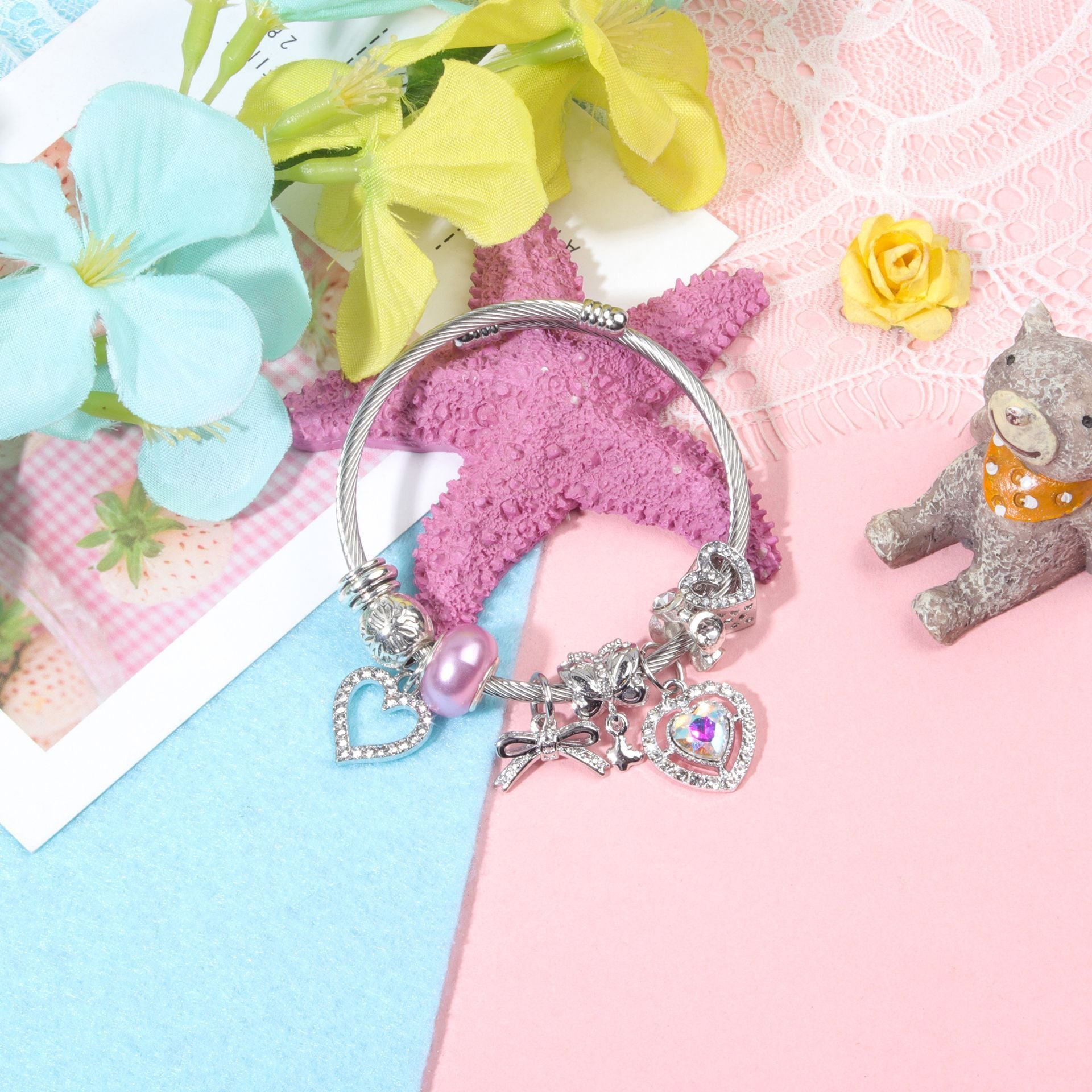 Cute Heart-shaped Beaded Bracelet with Rhinestones(17cm) V1132-NSSL40-17