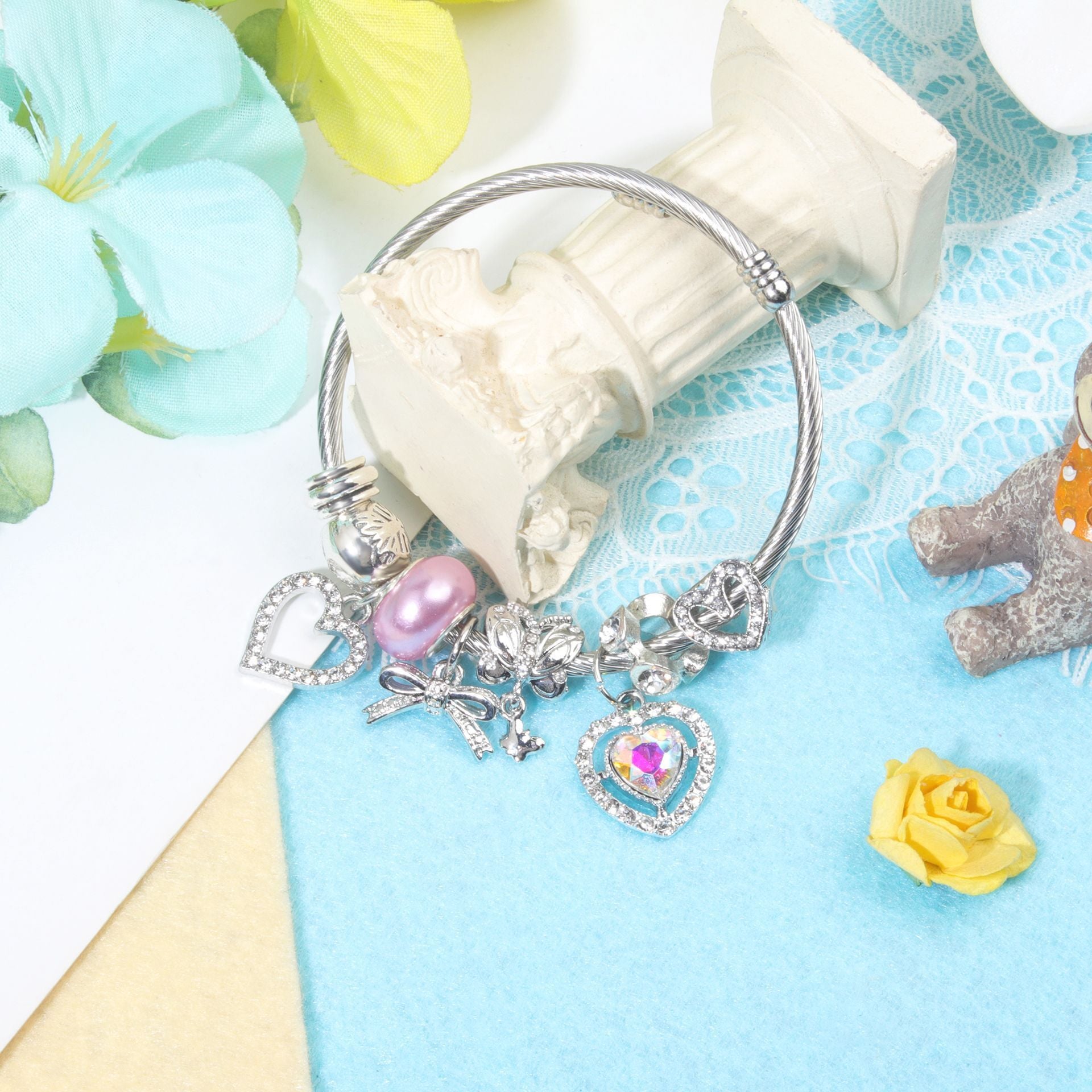Cute Heart-shaped Beaded Bracelet with Rhinestones(17cm) V1132-NSSL40-17