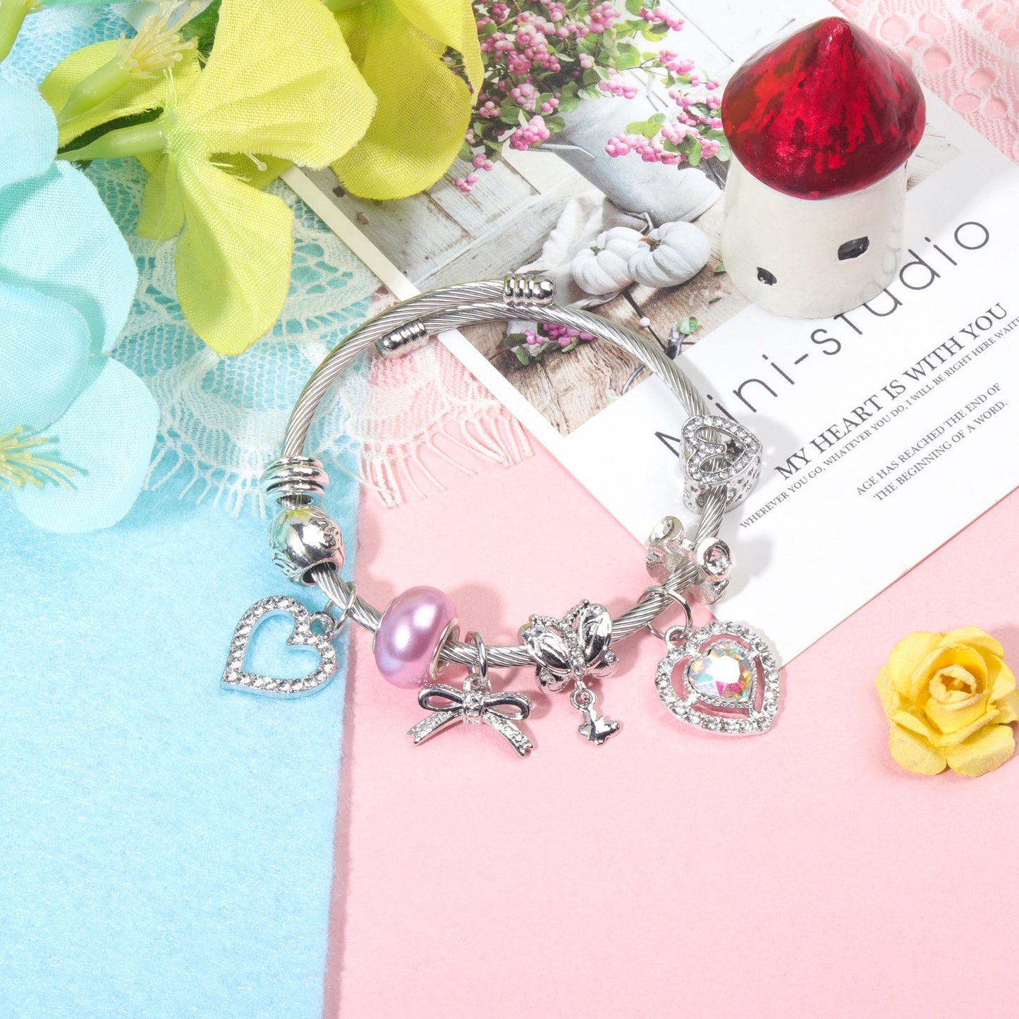Cute Heart-shaped Beaded Bracelet with Rhinestones(18cm) V1132-NSSL40-18